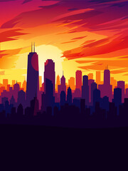 Vector illustration of a modern city skyline silhouette against a vibrant and colorful sunset sky