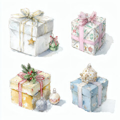 Watercolor Illustration of various red Christmas gift box on white background, AI generated