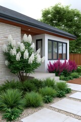 Fototapeta premium Modern house entrance with beautiful landscaping and decorative garden