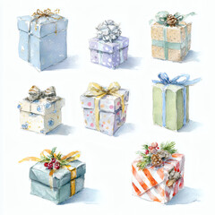 Watercolor Illustration of various red Christmas gift box on white background, AI generated