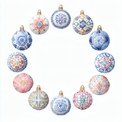 Watercolor Illustration of various red Christmas ornament balls on white background, AI generated