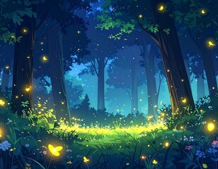 An illuminated fantastical forest scene at twilight, with glowing fireflies amidst trees and flowers