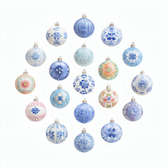 Watercolor Illustration of various red Christmas ornament balls on white background, AI generated