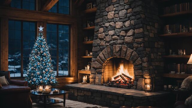 Cozy cabin living room illuminated by a glowing stone fireplace and twinkling blue lights on a festive Christmas tree during a snowy winter night