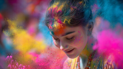 A young woman with colorful powder on her face and hair looking down in a vibrant scene