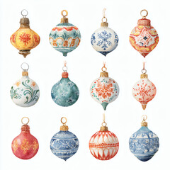Watercolor Illustration of various red Christmas ornament balls on white background, AI generated