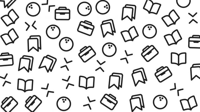 Seamless pattern of educational icons including books, clocks, and globes in black line art on white background, graphic design, flat viewpoint