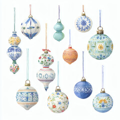 Watercolor Illustration of various red Christmas ornament balls on white background, AI generated