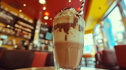 A milkshake captured with a fisheye lens distorted modern cafe background