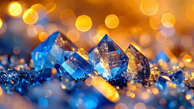 Close Up Of Blue Crystal Geode Clusters With Soft Golden Bokeh Lights And Sparkles