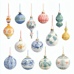 Watercolor Illustration of various red Christmas ornament balls on white background, AI generated