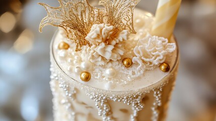 A milkshake featuring delicate edible lace and golden sugar pearls