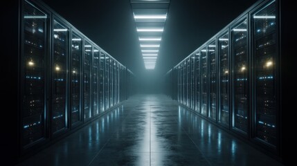 Data center server room corridor with servers