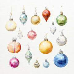 Watercolor Illustration of various red Christmas ornament balls on white background, AI generated