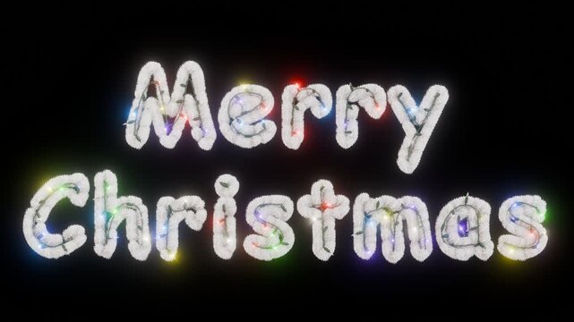 Festive &ldquo;Merry Christmas&rdquo; text created from snowy white garland letters wrapped in colorful holiday lights, seamless loop background. Created using non-AI 3d software