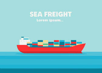 Red container ship sailing on blue water with sea freight text
