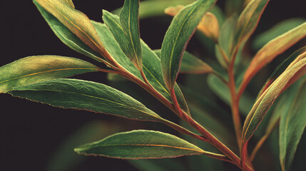 Close up shot of a plant with green and yellow leaves against a dark blurred background