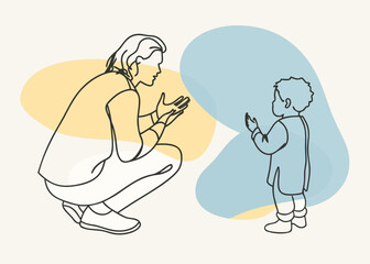 Adult and child in conversation with abstract shapes in the background