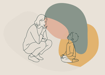 Woman talking to child with abstract shapes in background