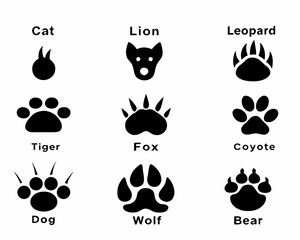 Collection of animal paw prints and head silhouettes
