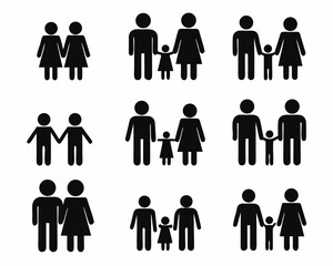 Collection of simple black family and couple icons on white background