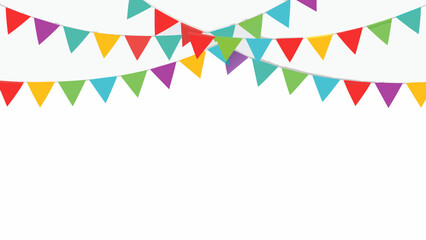 Colorful party bunting flags strung across a white background