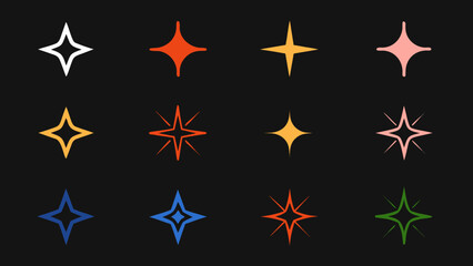 Collection of colorful starburst sparkle icons on black background