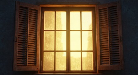 An open window with shutters, backlit by a bright, golden light. Dark wall surrounds