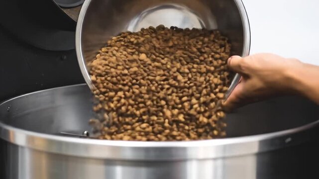 Coffee Beans Roasting Process: Expertly Pouring Beans into a Roasting Machine