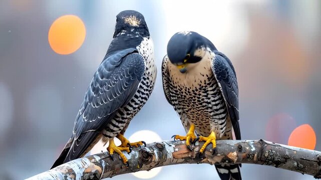 Two Majestic Falcons Perched on a Branch, Captured in a Series of Stunning Frames