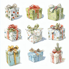 Watercolor Illustration of various red Christmas gift box on white background, AI generated