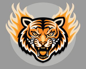 Fierce tiger head with flames illustration