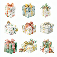 Watercolor Illustration of various red Christmas gift box on white background, AI generated