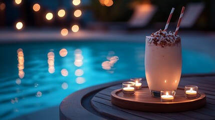 A milkshake on wooden tray by a glowing pool with tealight candle decorations