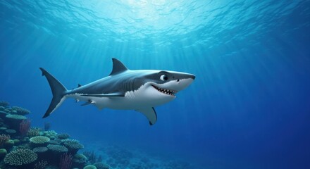 Fototapeta premium Animated shark swims cheerfully in blue ocean with sun rays and coral