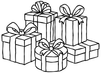 A stack of Christmas presents. birthday presents line art drawing.