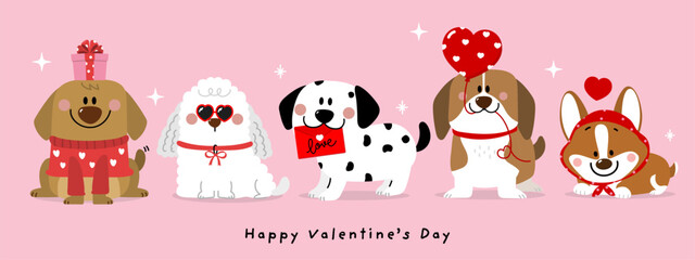 Happy Valentine's day greeting card with cute puppy dog and heart. Pet animal in love holidays cartoon character collection. -Vector
