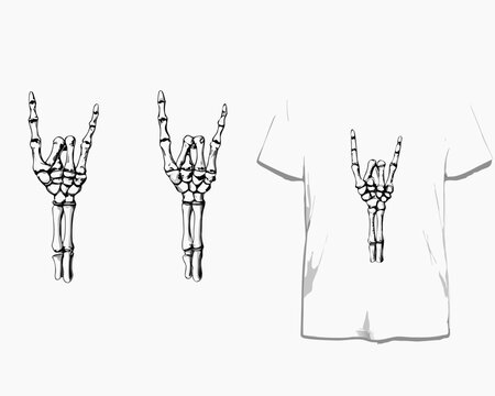 Skeleton hand rock on gesture illustration and t shirt mockup