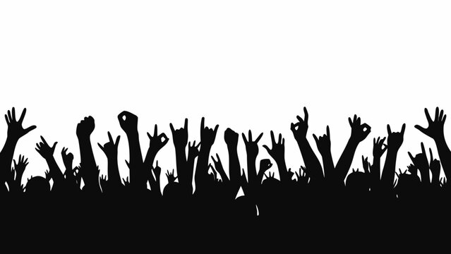 Silhouette of a cheering crowd with hands raised in the air at a concert