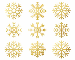 Collection of nine golden snowflake icons on a white background