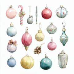 Watercolor Illustration of various red Christmas ornament balls on white background, AI generated