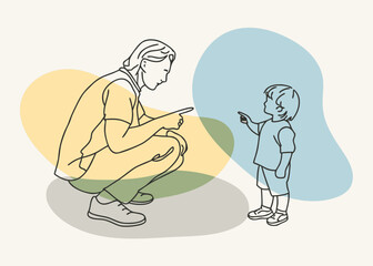 Adult and child pointing at each other in a playful interaction