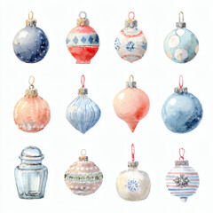 Watercolor Illustration of various red Christmas ornament balls on white background, AI generated