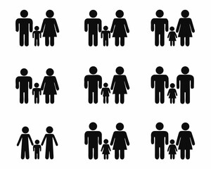 Collection of stick figure family icons representing parents and children