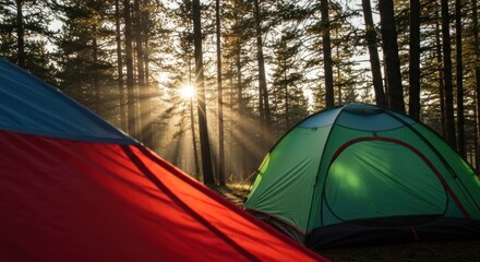Campers awaken in a sunlit forest, tents silhouetted against a brilliant sunrise