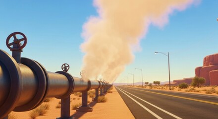 Cartoonish scene of a long industrial pipeline releasing large amounts of vapor into a clear sky