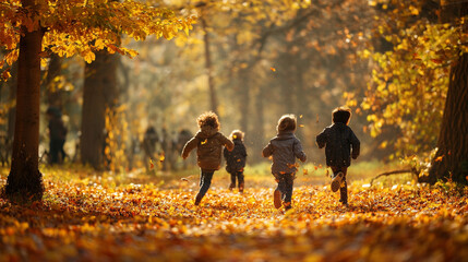Children running through autumn leaves in a park on a sunny day with golden foliage