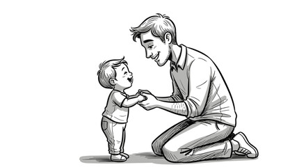 Heartwarming illustration of a father supporting his child's first steps filled with love