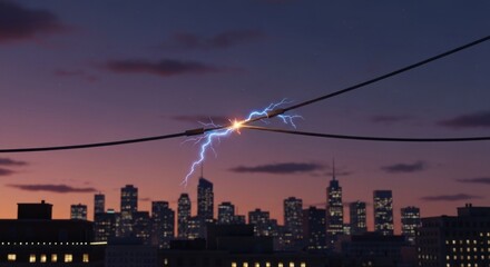 City skyline at dusk with power lines sparking electricity