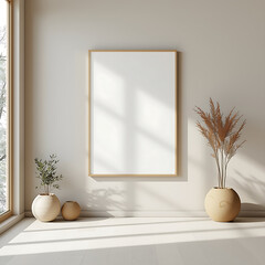 Blank wall frame mockup showcasing a minimalist Japandi-style living room decor, featuring a 3D-rendered interior with natural tones.